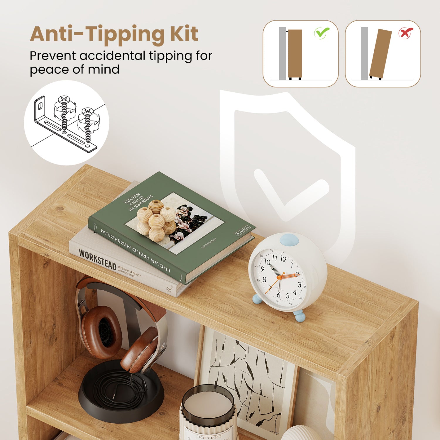3-Tier Bookcase 42 inch Tall Book Shelf with Anti-Tipping Kit, Brown Bookcases at Gallery Canada