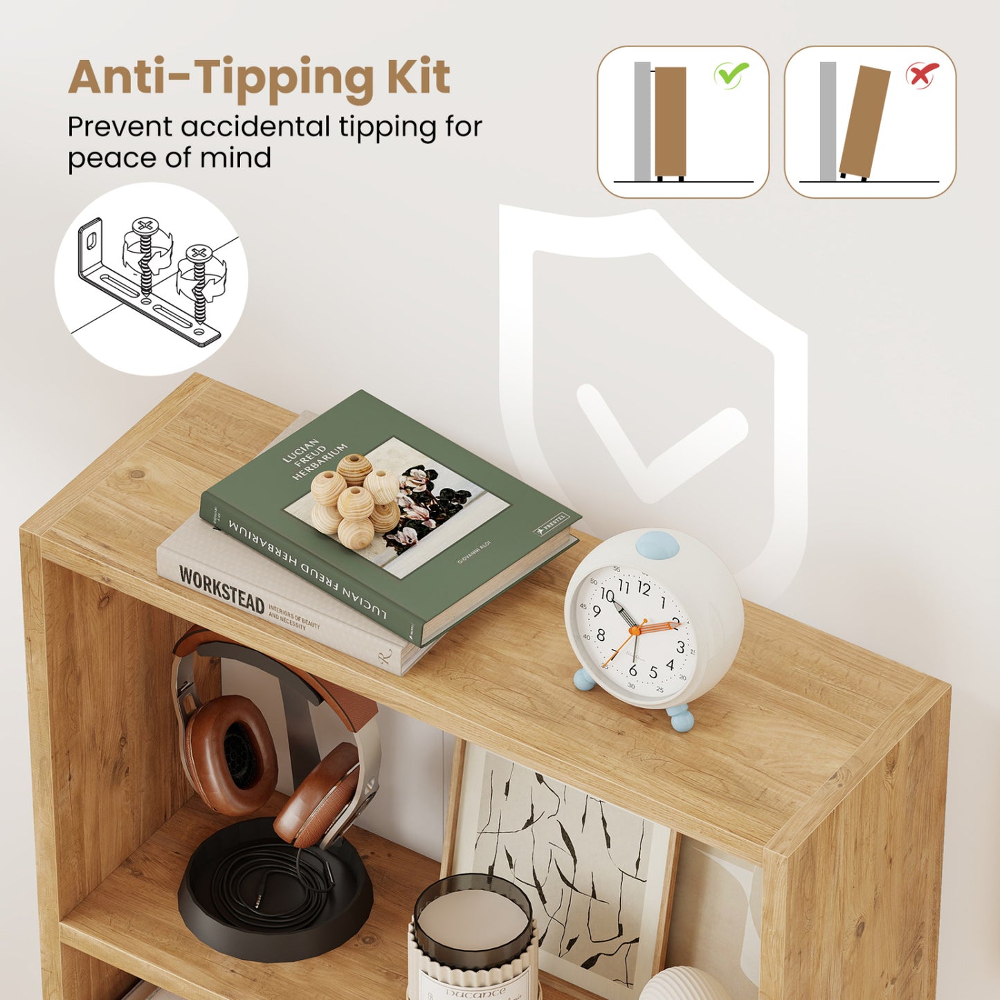 3-Tier Bookcase 42 inch Tall Book Shelf with Anti-Tipping Kit, Brown Bookcases at Gallery Canada