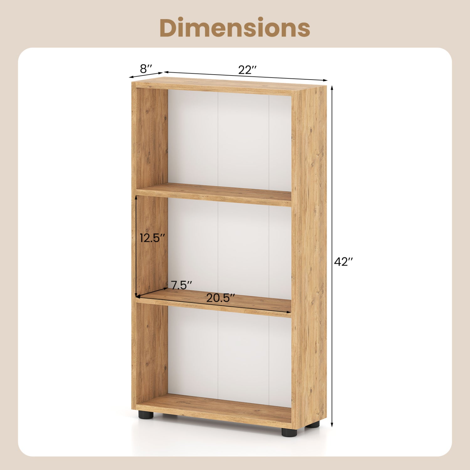 3-Tier Bookcase 42 inch Tall Book Shelf with Anti-Tipping Kit, Brown Bookcases at Gallery Canada