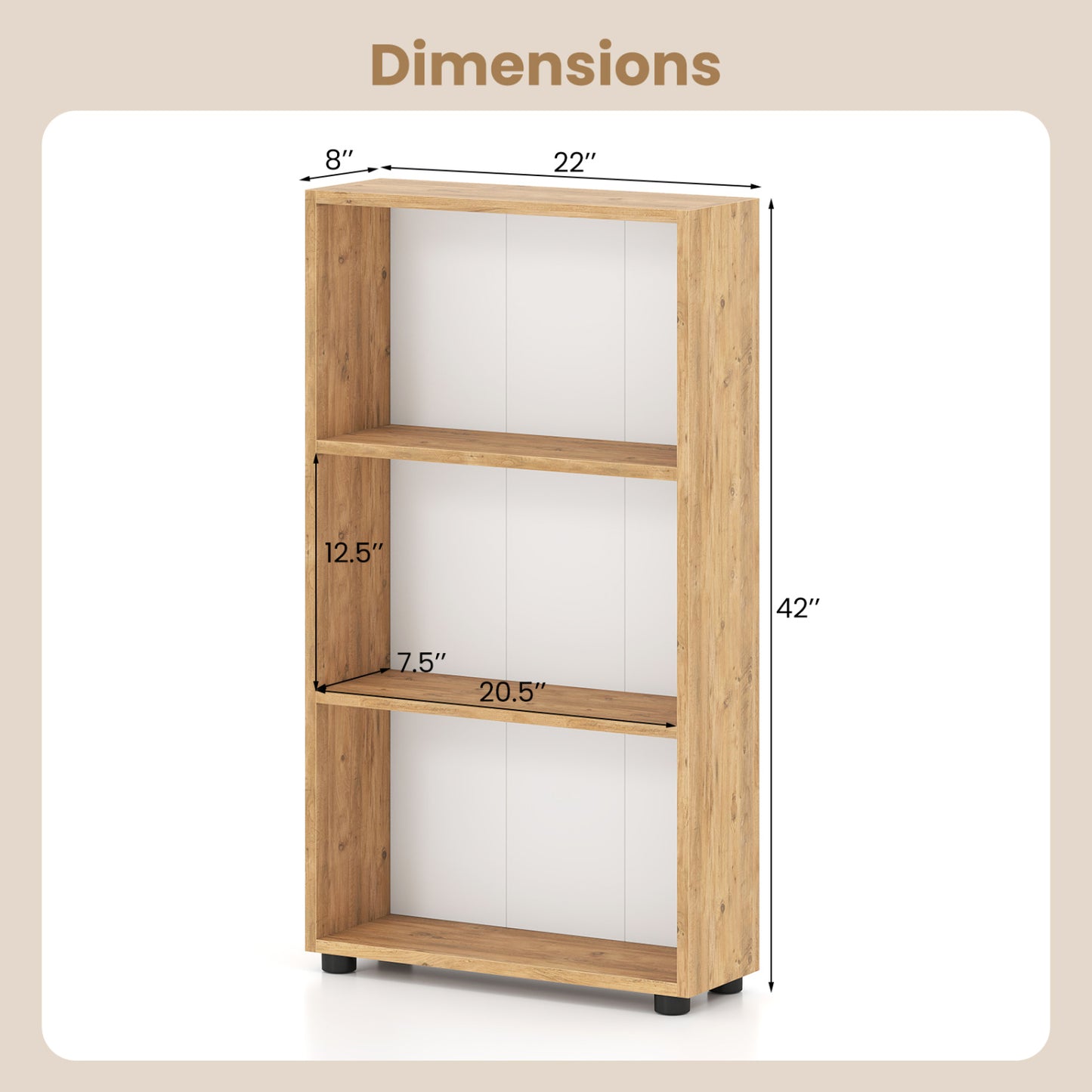 3-Tier Bookcase 42 inch Tall Book Shelf with Anti-Tipping Kit, Brown Bookcases at Gallery Canada