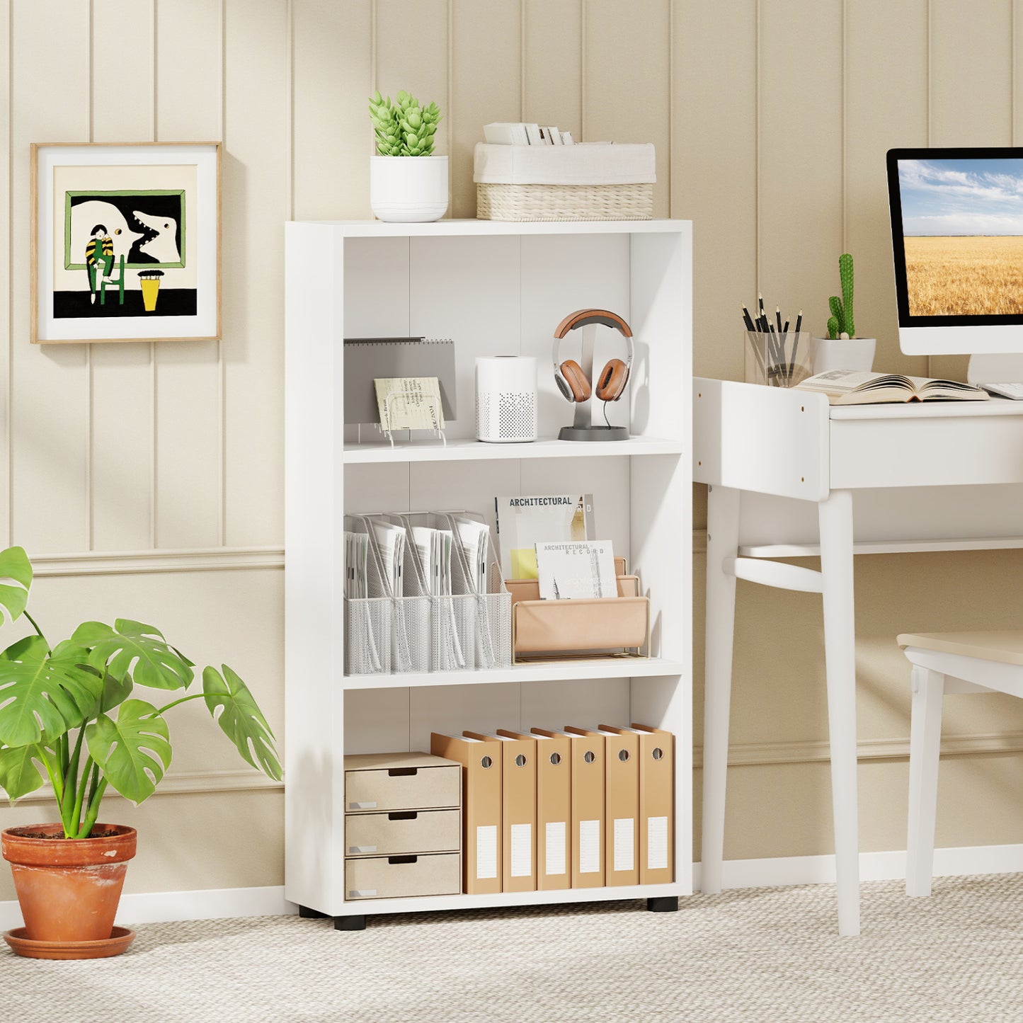 3-Tier Bookcase 42 inch Tall Book Shelf with Anti-Tipping Kit, White Bookcases at Gallery Canada