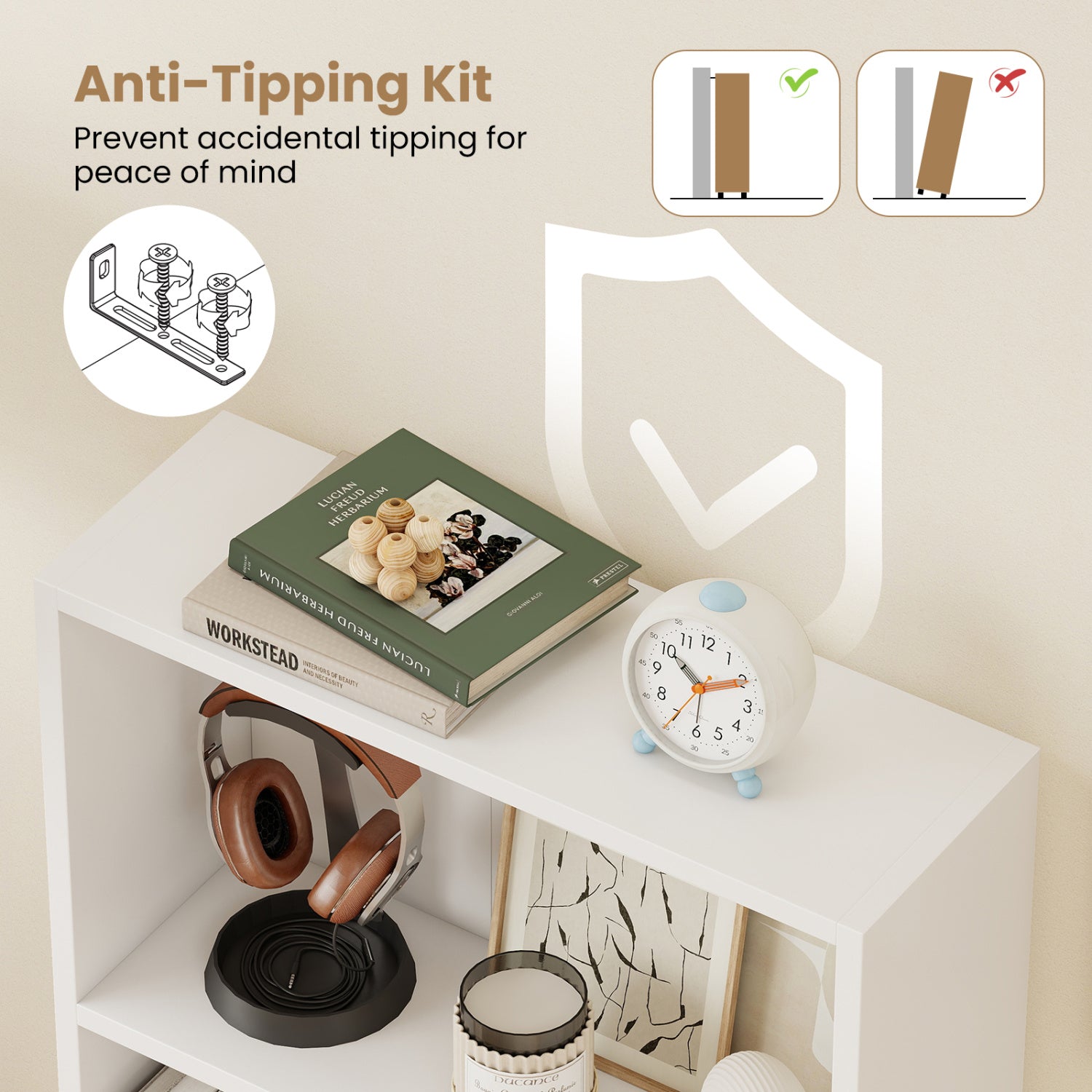 3-Tier Bookcase 42 inch Tall Book Shelf with Anti-Tipping Kit, White Bookcases at Gallery Canada