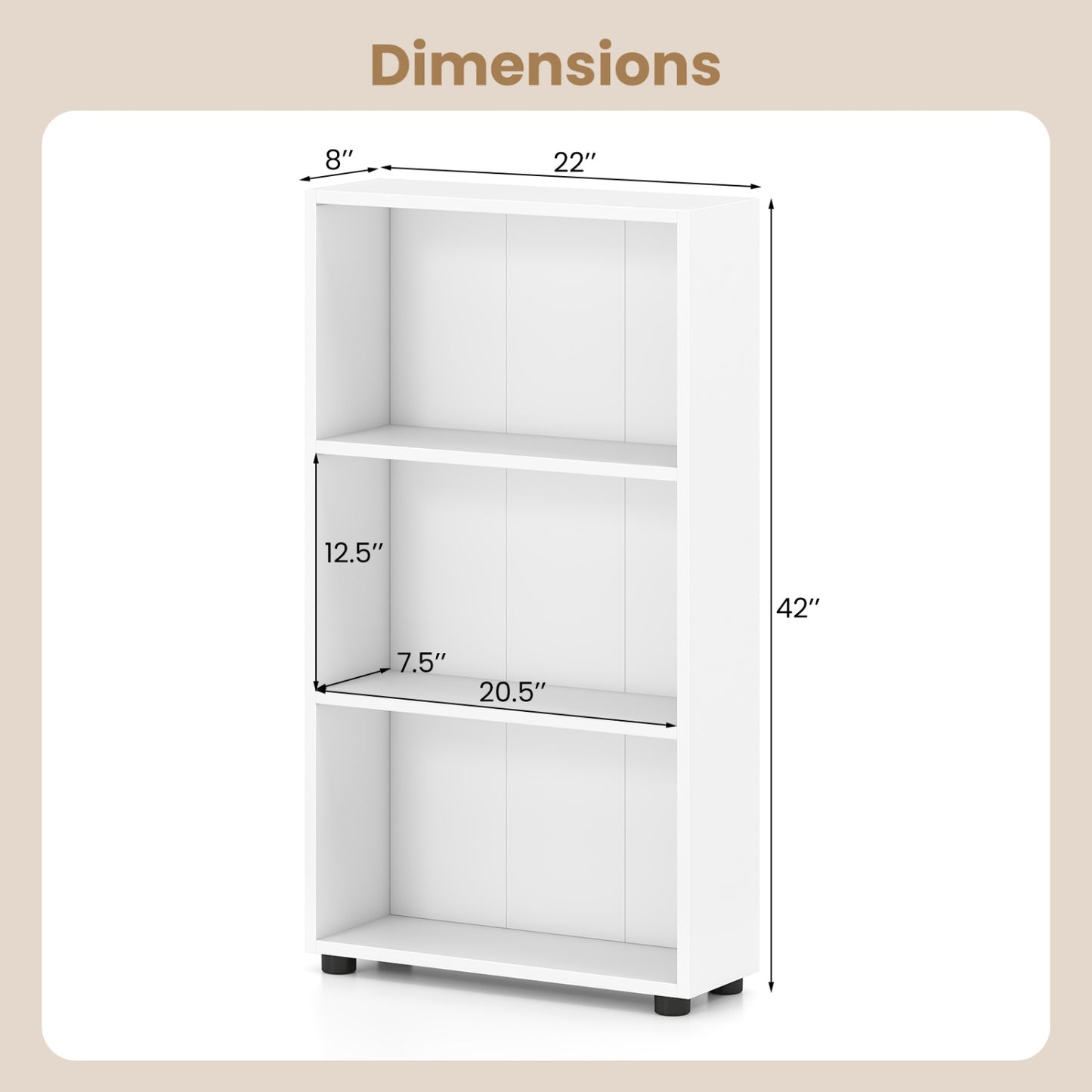 3-Tier Bookcase 42 inch Tall Book Shelf with Anti-Tipping Kit, White Bookcases at Gallery Canada