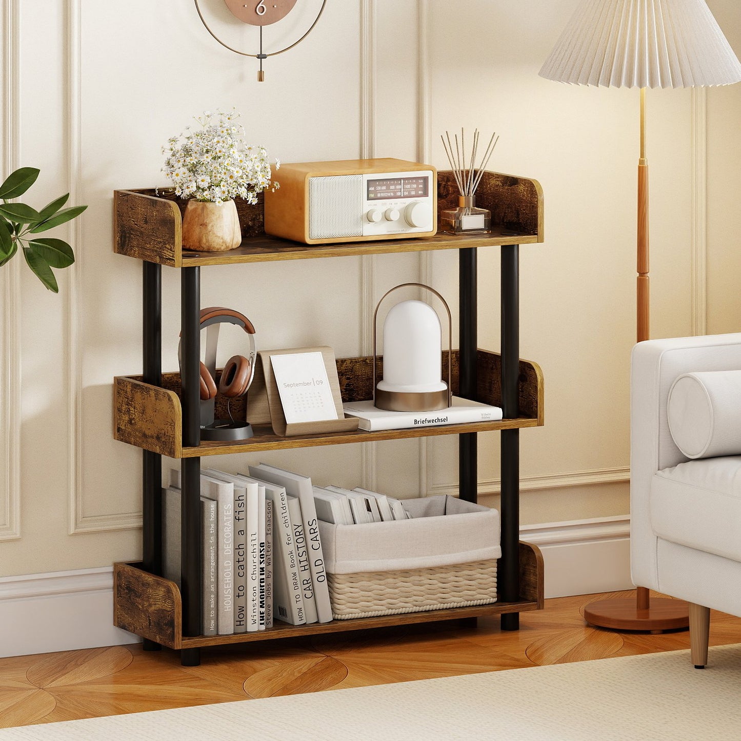 3-Tier Bookshelf with Anti-Tipping Kit and Industrial Storage Unit for Living Room, Rustic Brown Bookcases at Gallery Canada