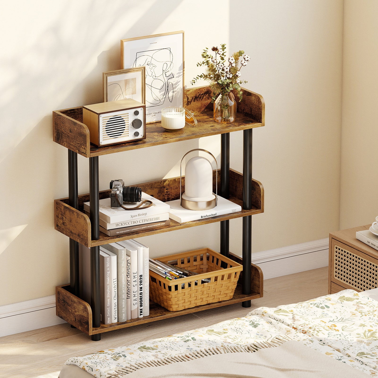 3-Tier Bookshelf with Anti-Tipping Kit and Industrial Storage Unit for Living Room, Rustic Brown Bookcases at Gallery Canada