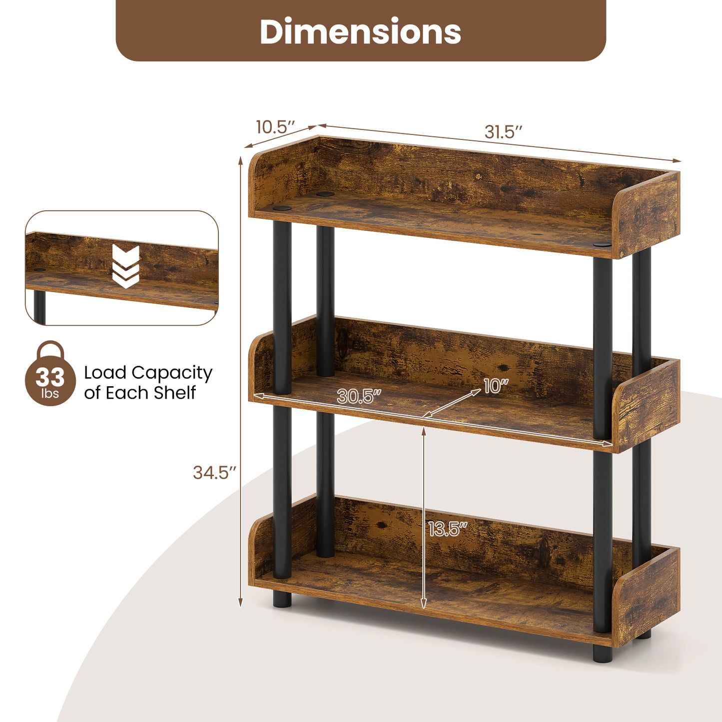 3-Tier Bookshelf with Anti-Tipping Kit and Industrial Storage Unit for Living Room, Rustic Brown Bookcases at Gallery Canada