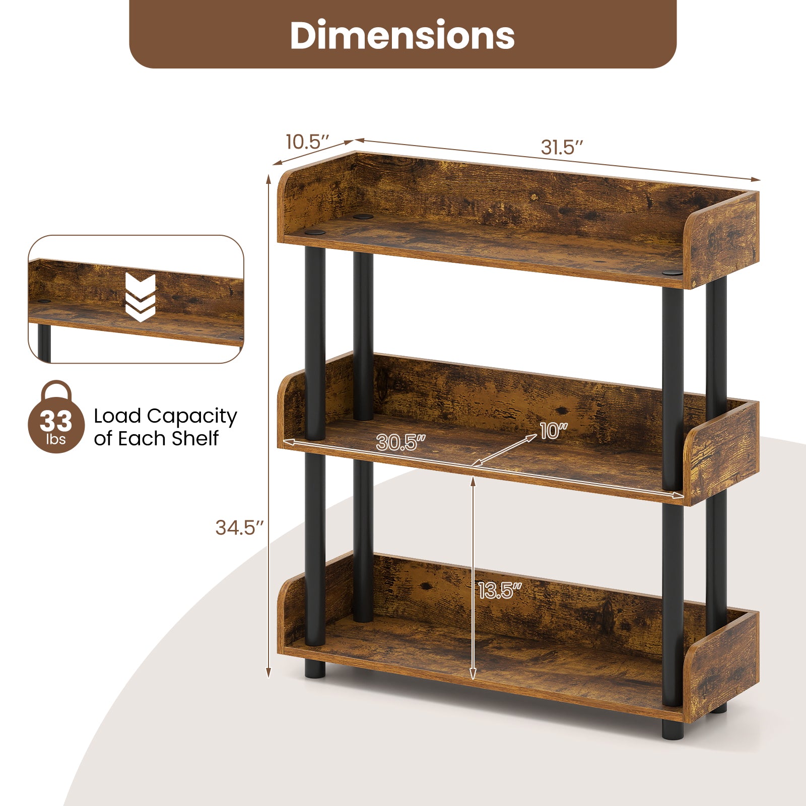 3-Tier Bookshelf with Anti-Tipping Kit and Industrial Storage Unit for Living Room, Rustic Brown Bookcases at Gallery Canada