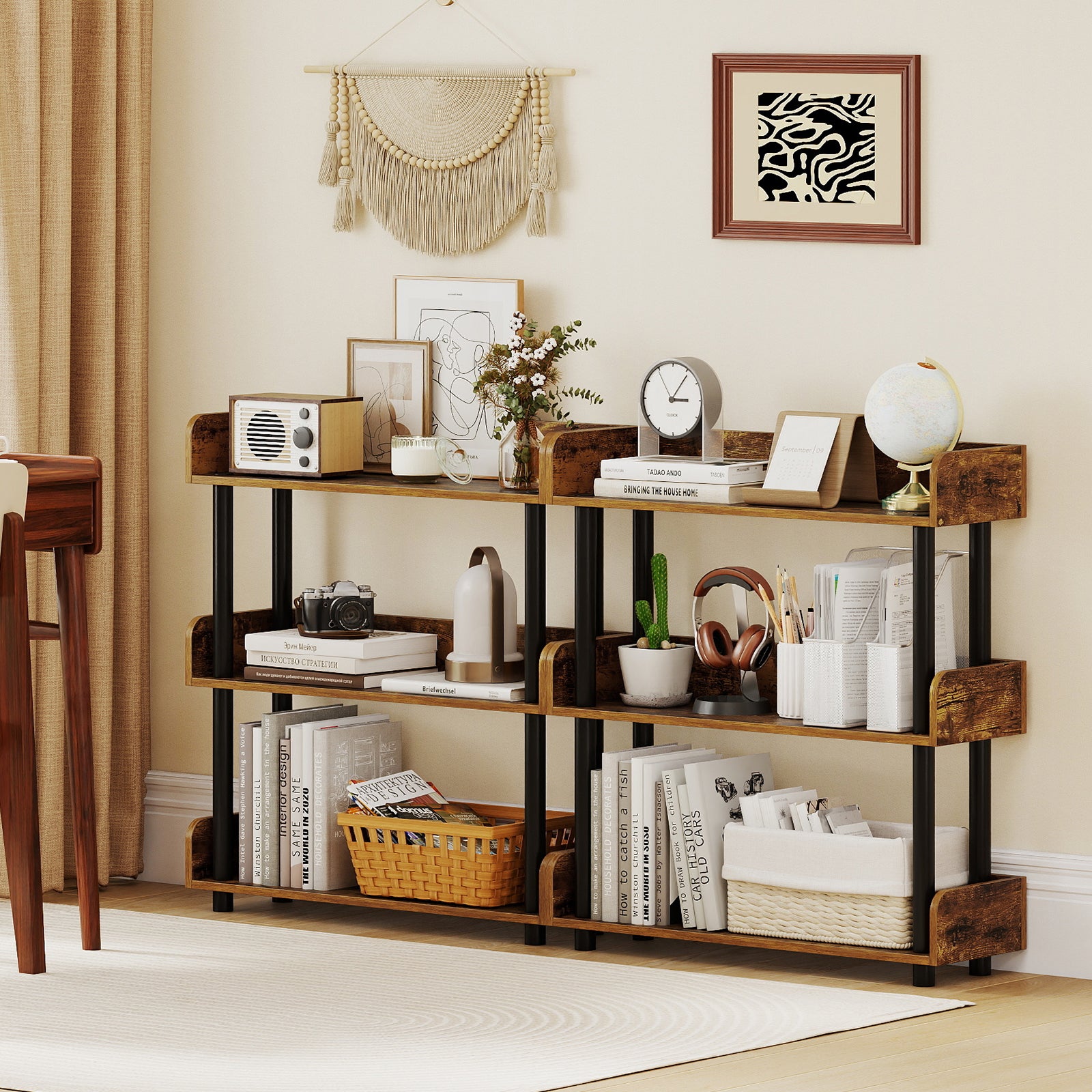 3-Tier Bookshelf with Anti-Tipping Kit and Industrial Storage Unit for Living Room, Rustic Brown Bookcases at Gallery Canada
