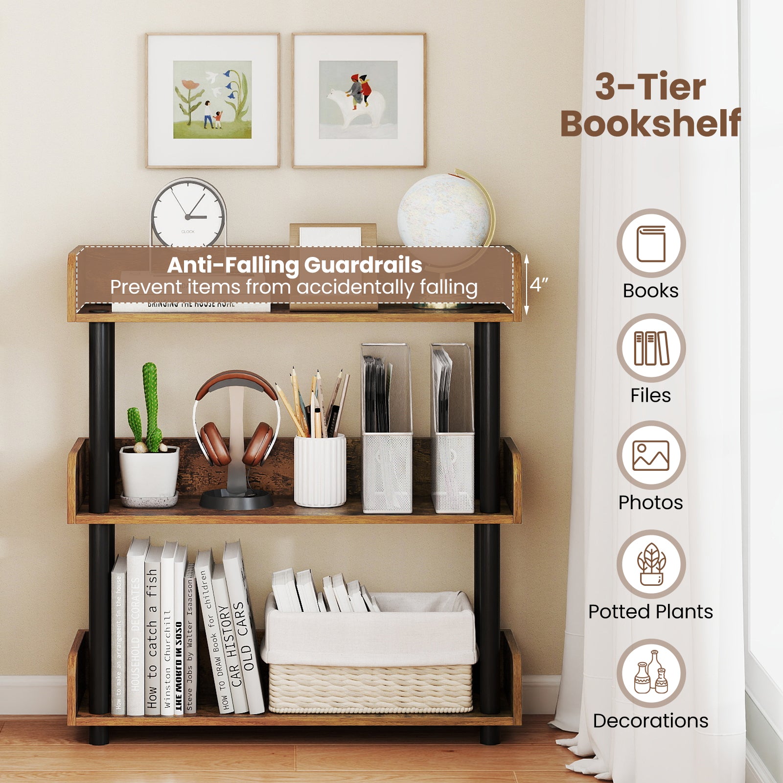 3-Tier Bookshelf with Anti-Tipping Kit and Industrial Storage Unit for Living Room, Rustic Brown Bookcases at Gallery Canada