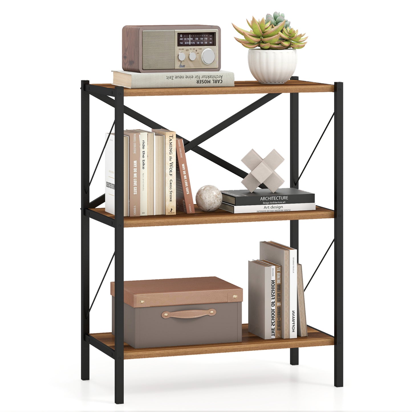 3-Tier Bookshelf with Heavy-Duty Metal Frame, Walnut Bookcases at Gallery Canada