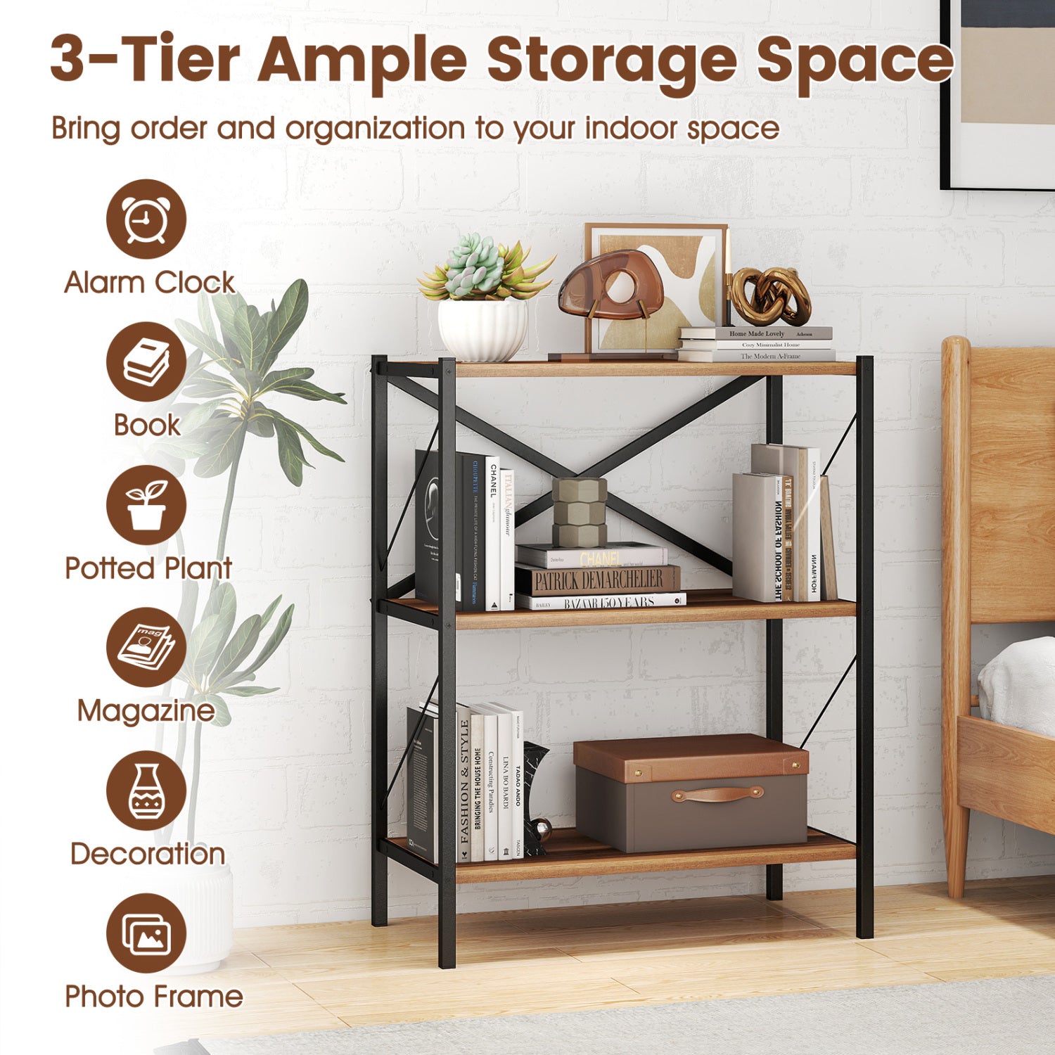 3-Tier Bookshelf with Heavy-Duty Metal Frame, Walnut Bookcases at Gallery Canada