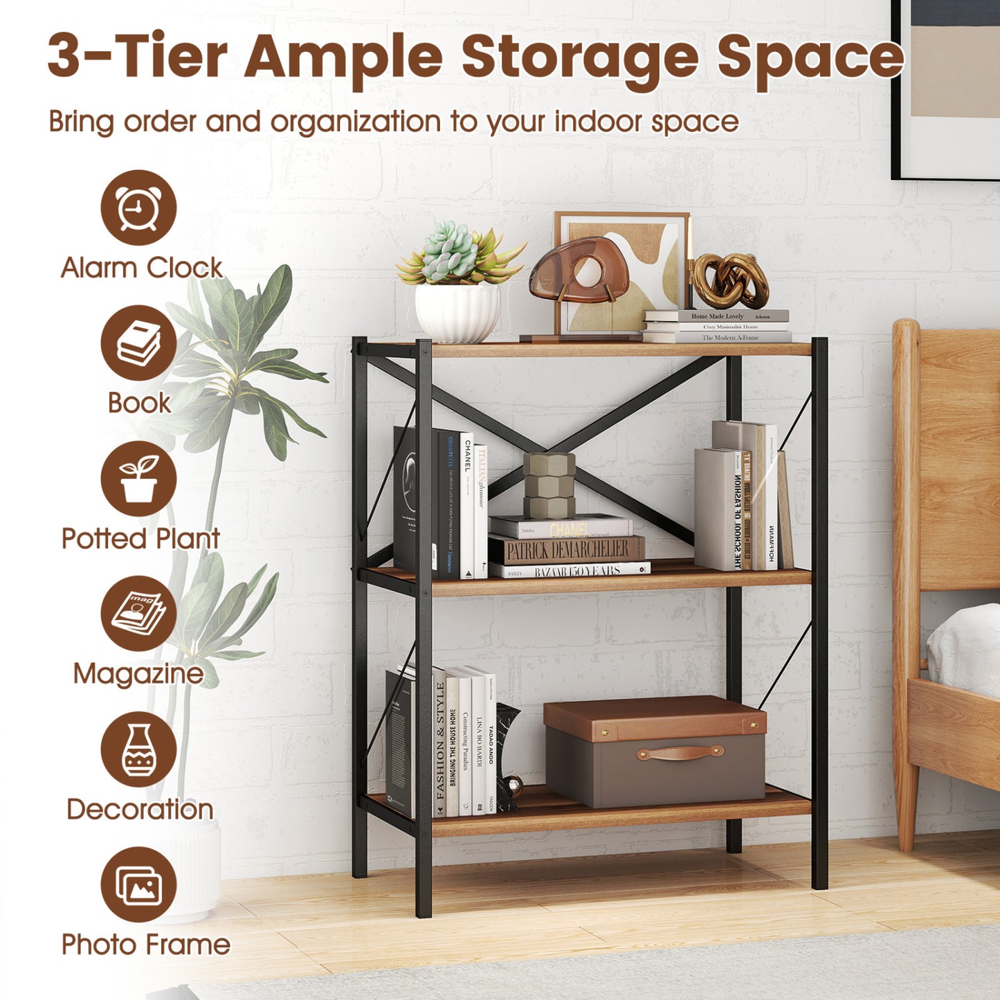 3-Tier Bookshelf with Heavy-Duty Metal Frame, Walnut Bookcases at Gallery Canada