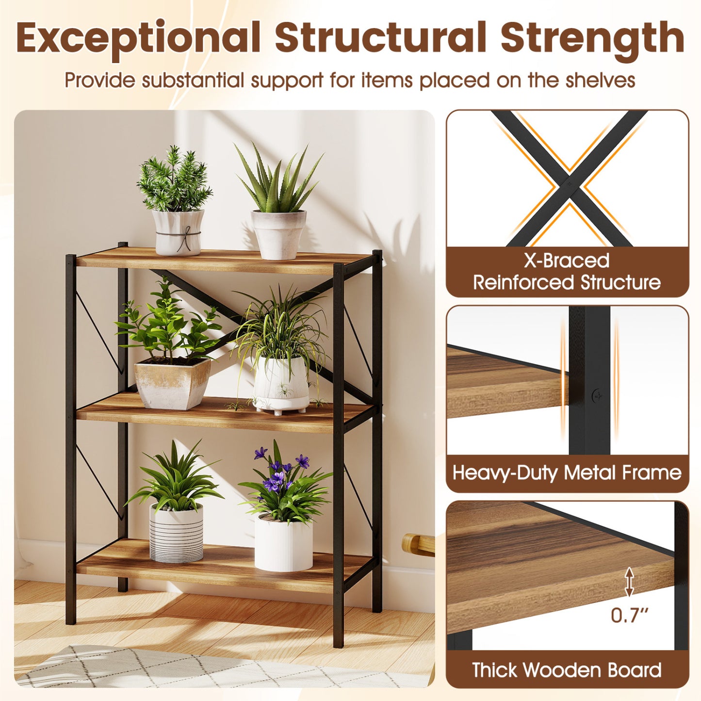 3-Tier Bookshelf with Heavy-Duty Metal Frame, Walnut Bookcases at Gallery Canada