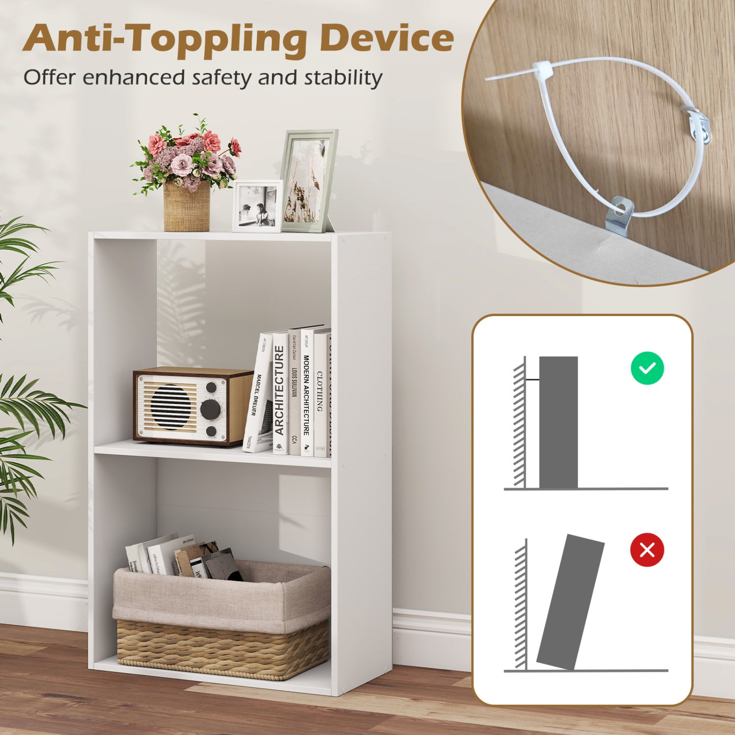 3-Tier Bookshelf with Open Storage Compartment and Freestanding Display Shelf, White Bookcases at Gallery Canada