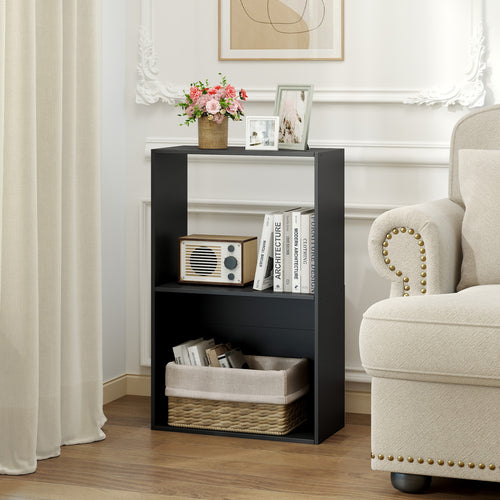 3-Tier Bookshelf with Open Storage Compartment and Freestanding Display Shelf, Black