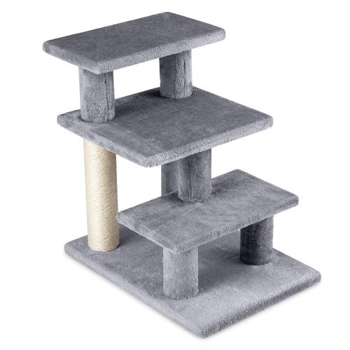 3-Tier Cat Stairs 19 Inch Plush Steps with Scratching Posts for High Bed Sofa, Gray