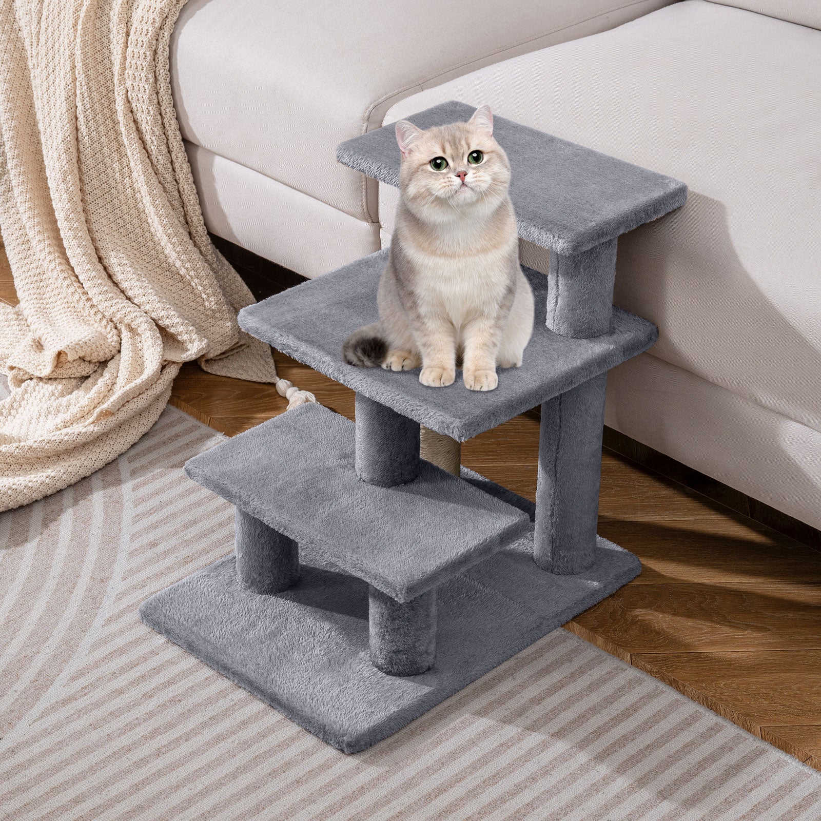 3-Tier Cat Stairs, 19 Inch, Plush Steps With Scratching Posts, Gray Cat Trees Condos & Scratchers at Gallery Canada