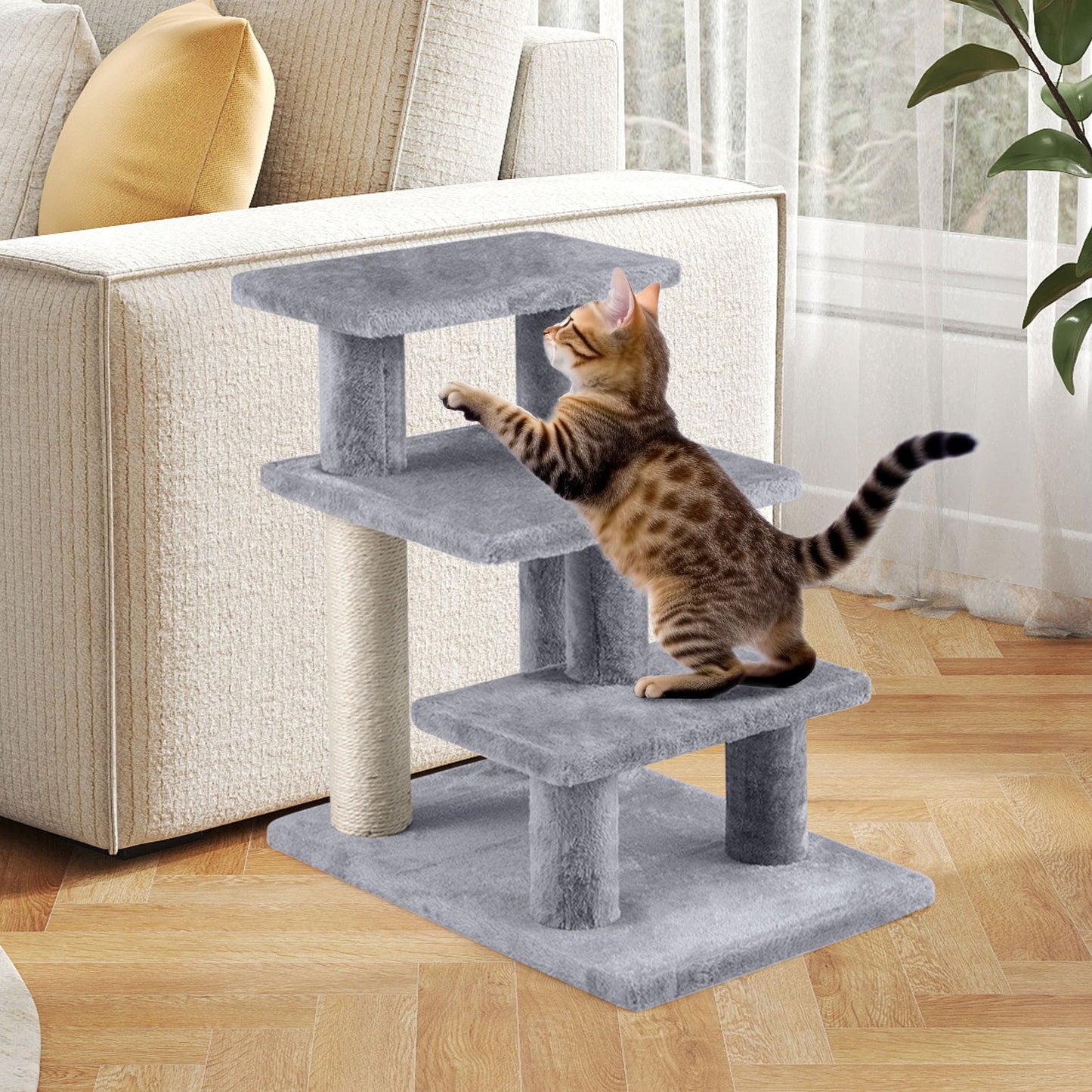 3-Tier Cat Stairs, 19 Inch, Plush Steps With Scratching Posts, Gray Cat Trees Condos & Scratchers at Gallery Canada