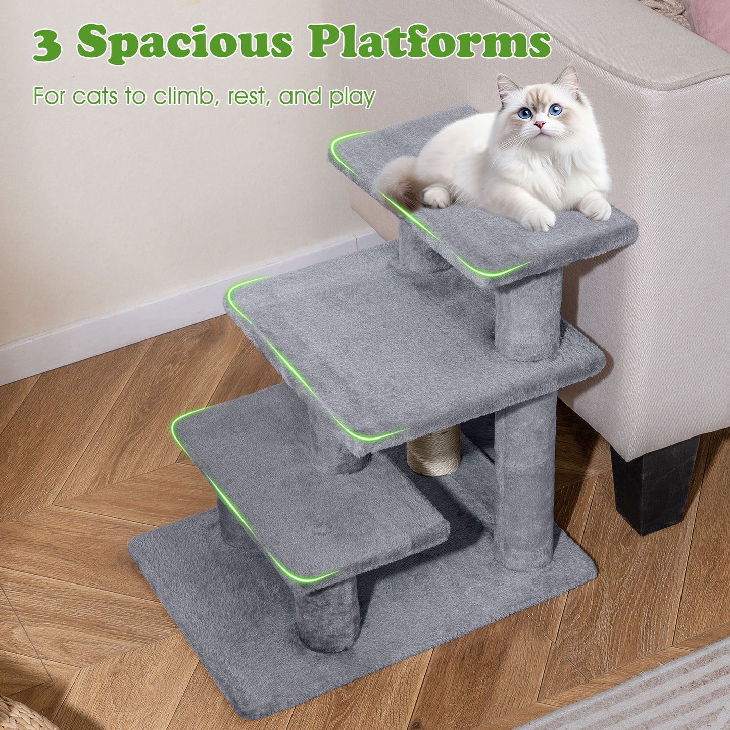 3-Tier Cat Stairs, 19 Inch, Plush Steps With Scratching Posts, Gray Cat Trees Condos & Scratchers at Gallery Canada