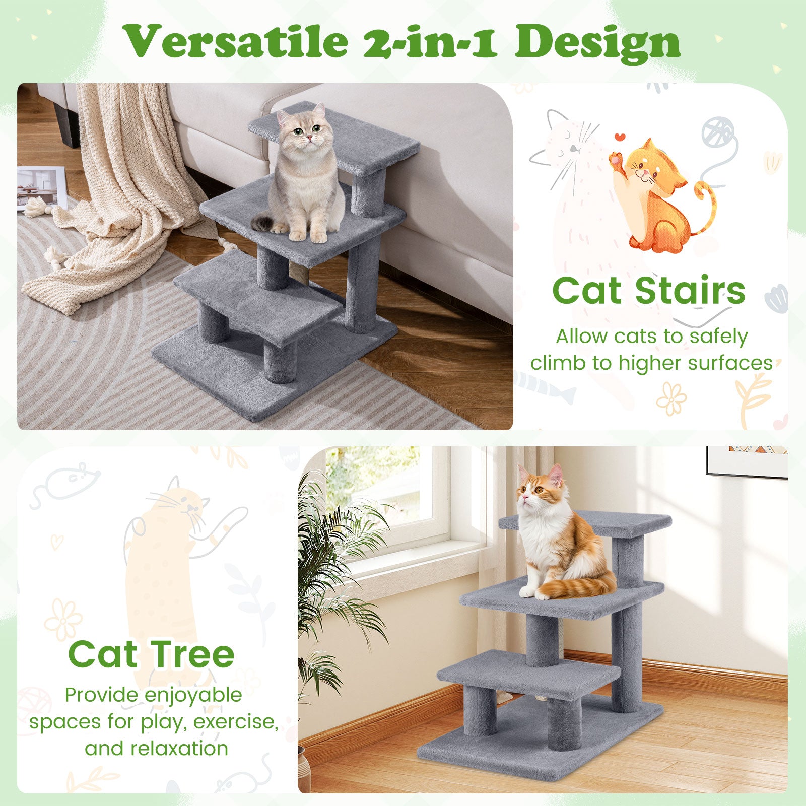 3-Tier Cat Stairs, 19 Inch, Plush Steps With Scratching Posts, Gray Cat Trees Condos & Scratchers at Gallery Canada