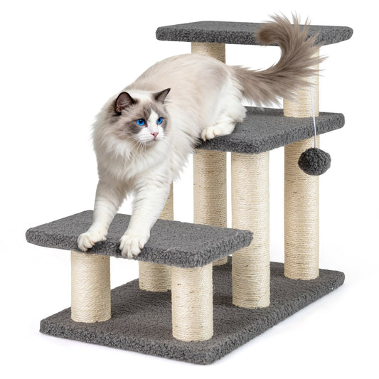 3-Tier Cat Stairs 20 Inch with Scratching Posts and Hanging Toy Ball, Gray Cat Trees Condos & Scratchers Gray at Gallery Canada