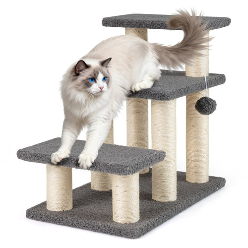 3-Tier Cat Stairs 20 Inch with Scratching Posts and Hanging Toy Ball, Gray