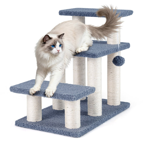 3-Tier Cat Stairs, 20 Inch, Scratching Posts, Hanging Toy, Gray