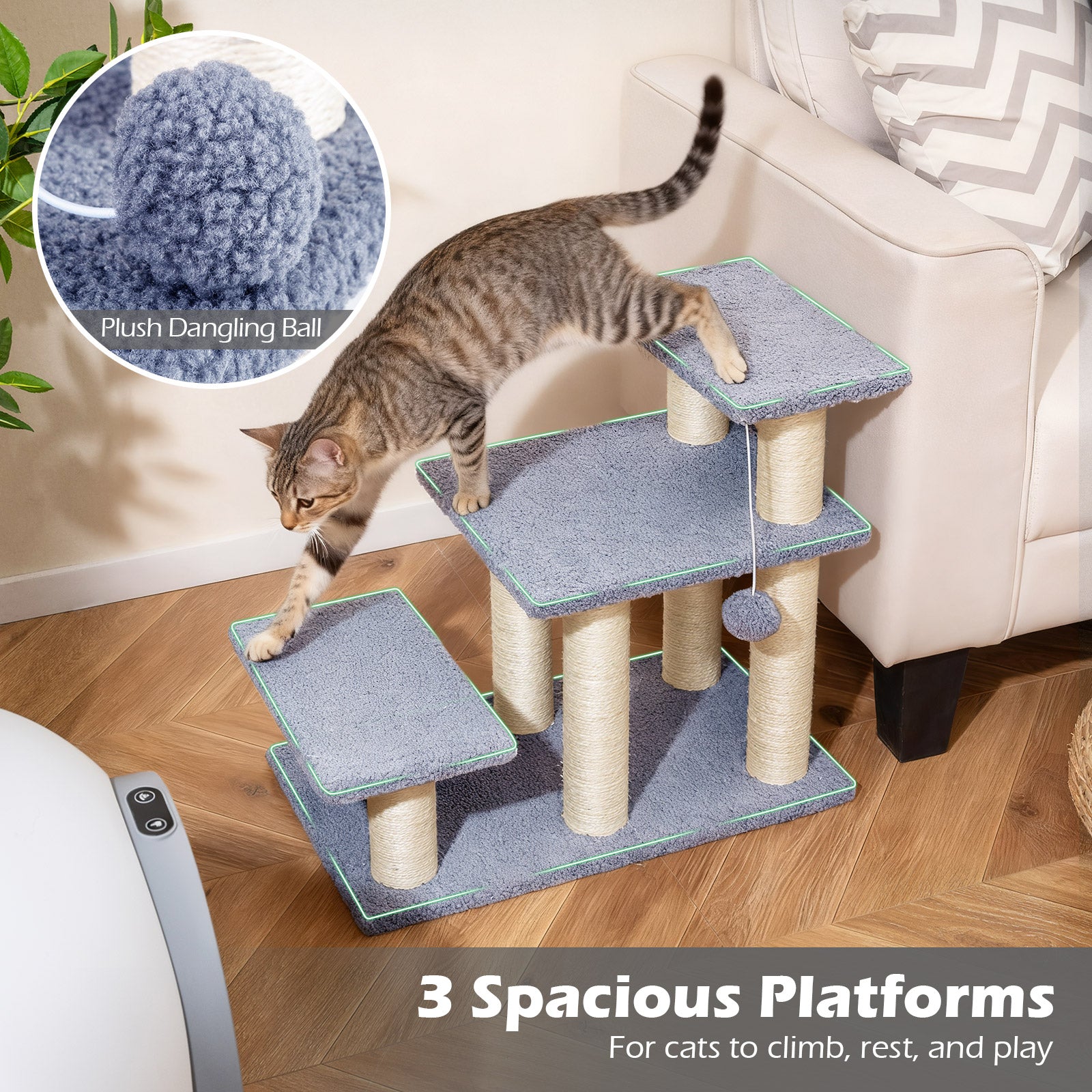 3-Tier Cat Stairs, 20 Inch, Scratching Posts, Hanging Toy, Gray Cat Trees Condos & Scratchers at Gallery Canada