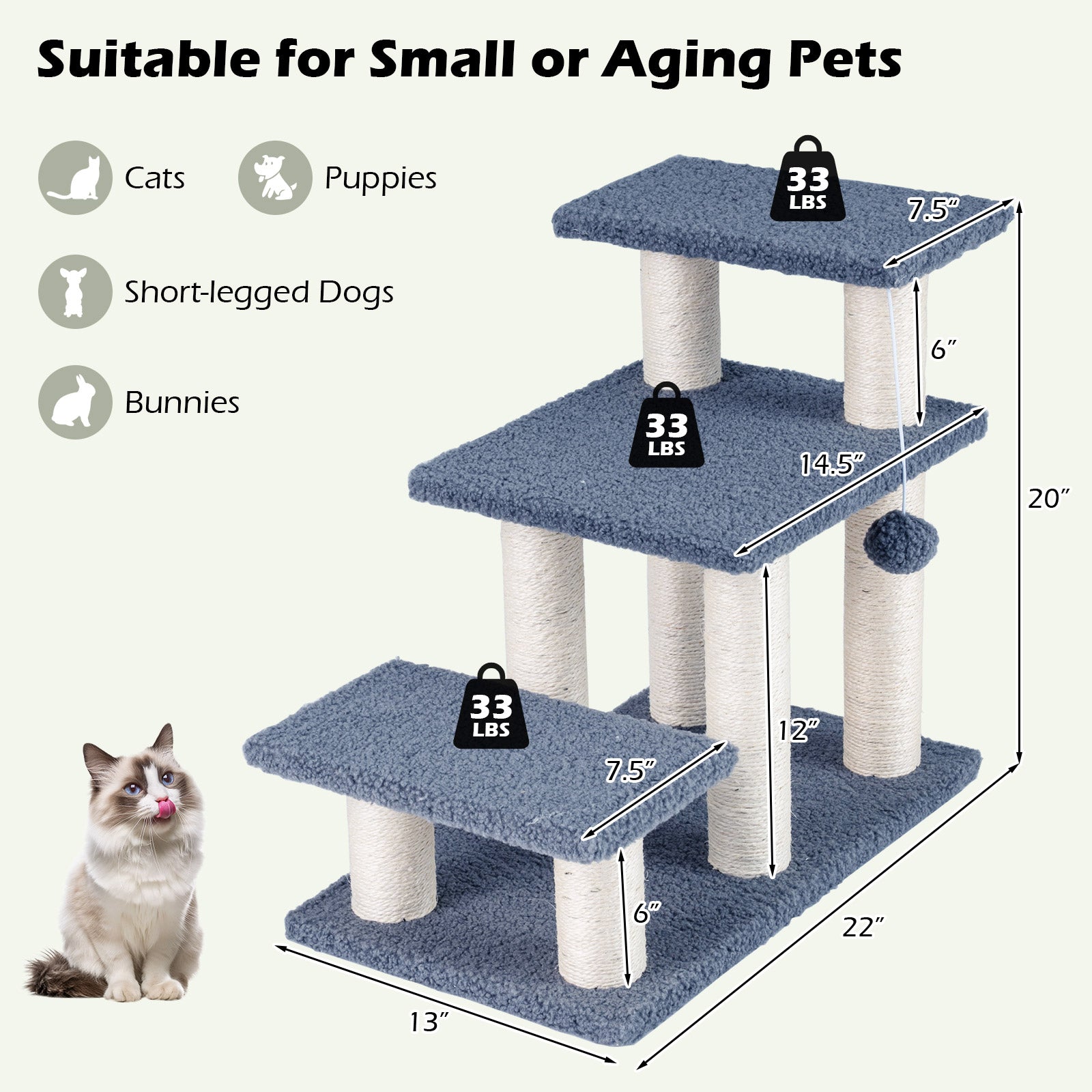 3-Tier Cat Stairs, 20 Inch, Scratching Posts, Hanging Toy, Gray Cat Trees Condos & Scratchers at Gallery Canada