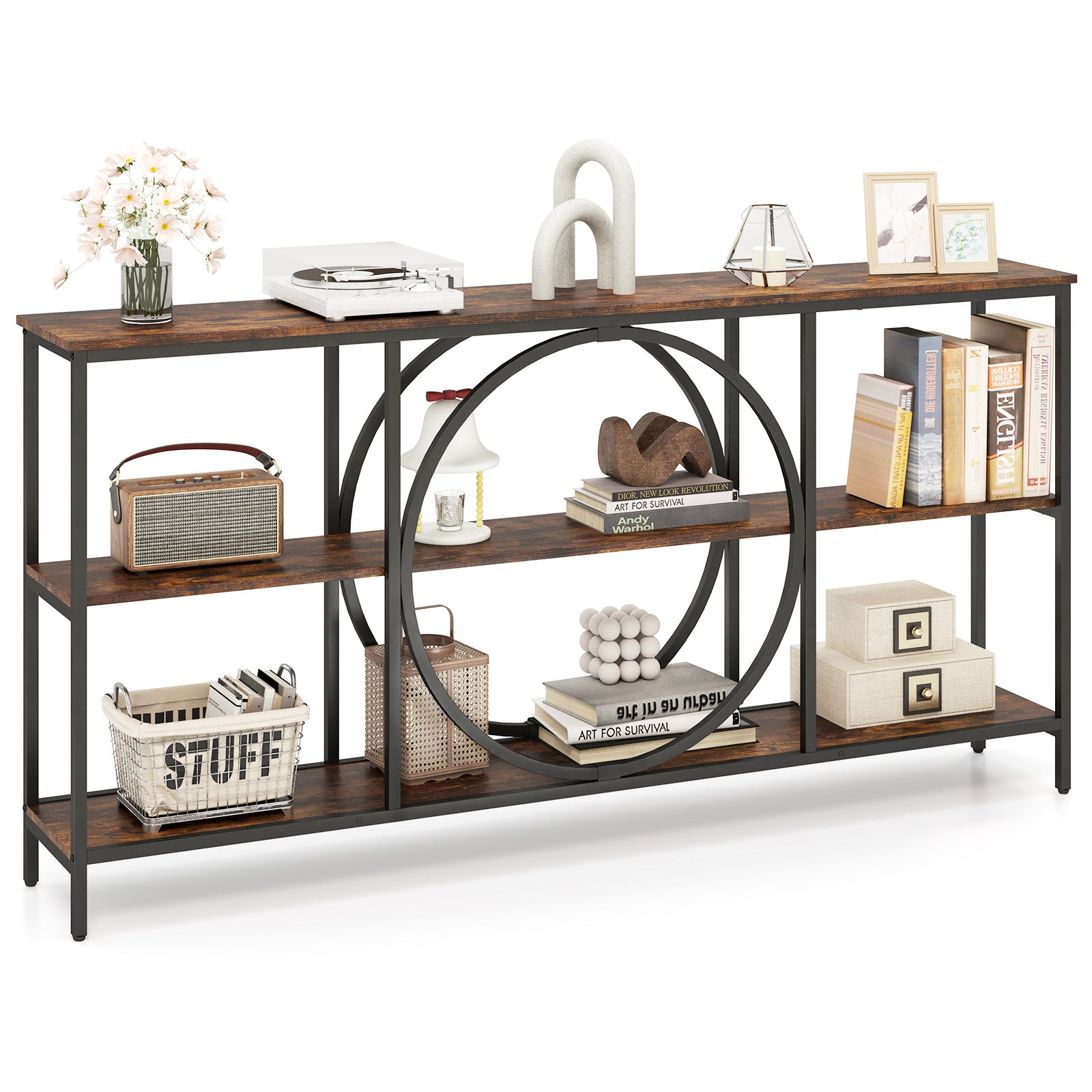 3-Tier Console Table with Faux Marble Top and Storage Shelves for Hallway Living Room, Rustic Brown Console Tables Rustic Brown at Gallery Canada
