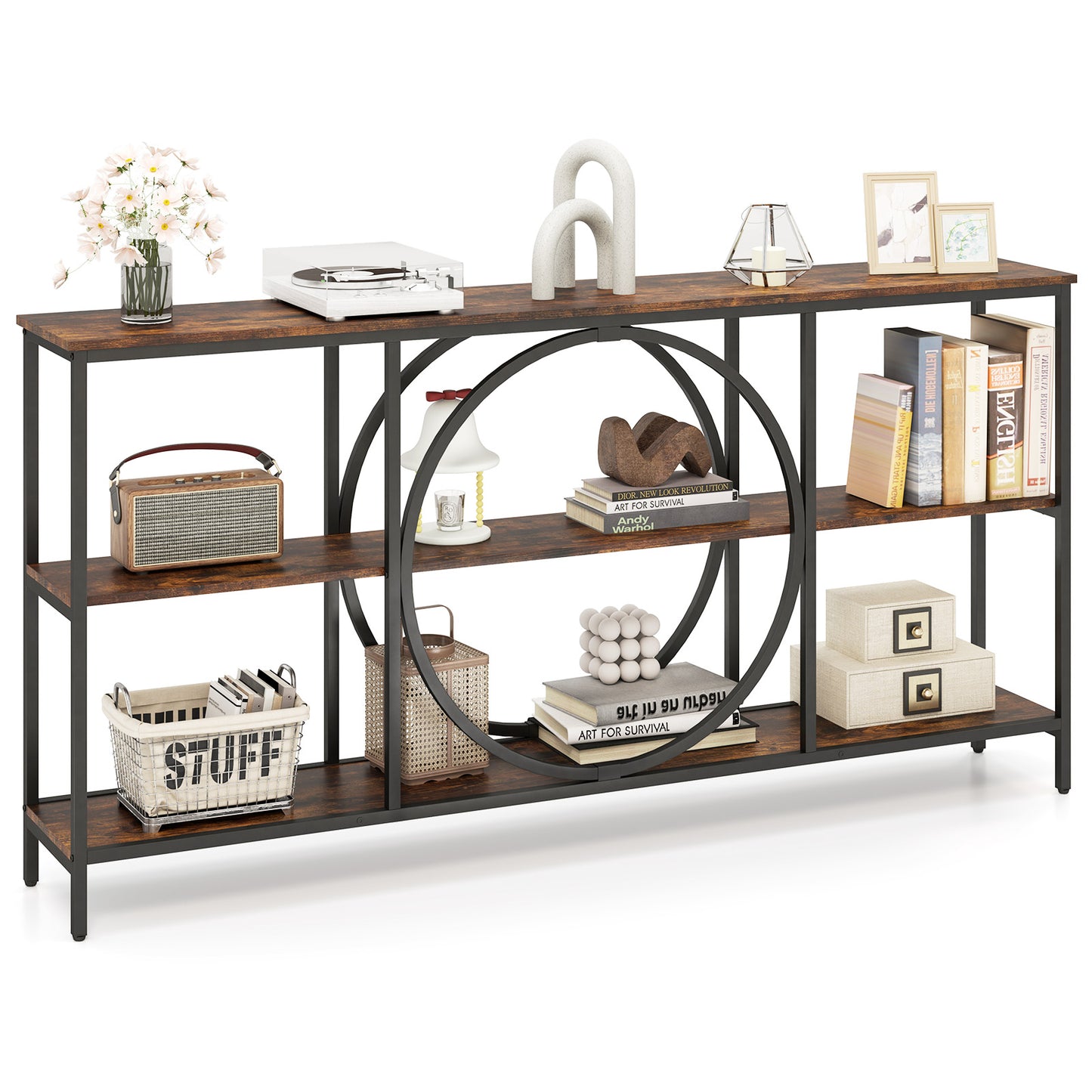 3-Tier Console Table, Faux Marble Top, Storage Shelves, Rustic Brown Console Tables Rustic Brown at Gallery Canada