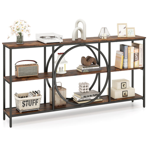 3-Tier Console Table, Faux Marble Top, Storage Shelves, Rustic Brown