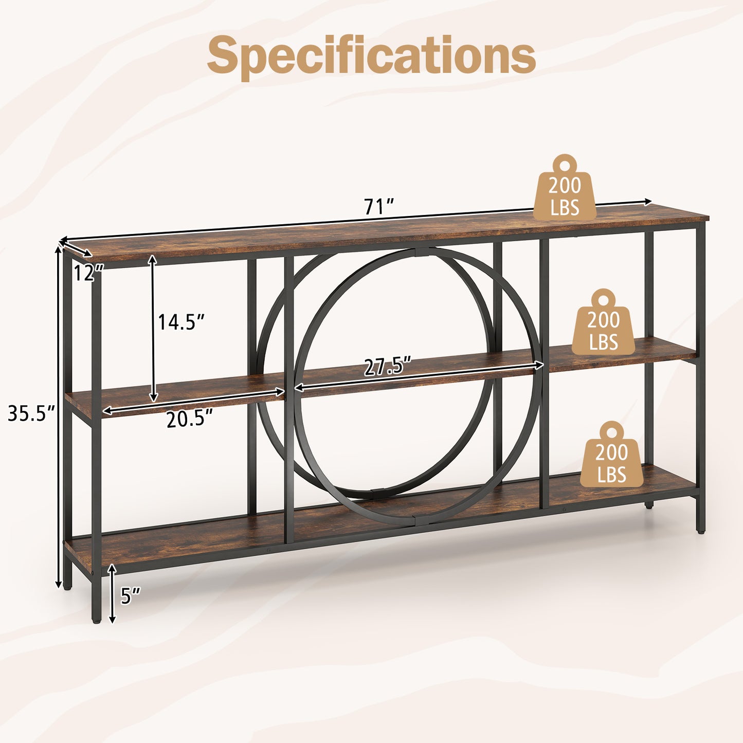3-Tier Console Table with Faux Marble Top and Storage Shelves for Hallway Living Room, Rustic Brown Console Tables at Gallery Canada