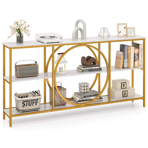 3-Tier Console Table with Faux Marble Top and Storage Shelves for Hallway Living Room, White