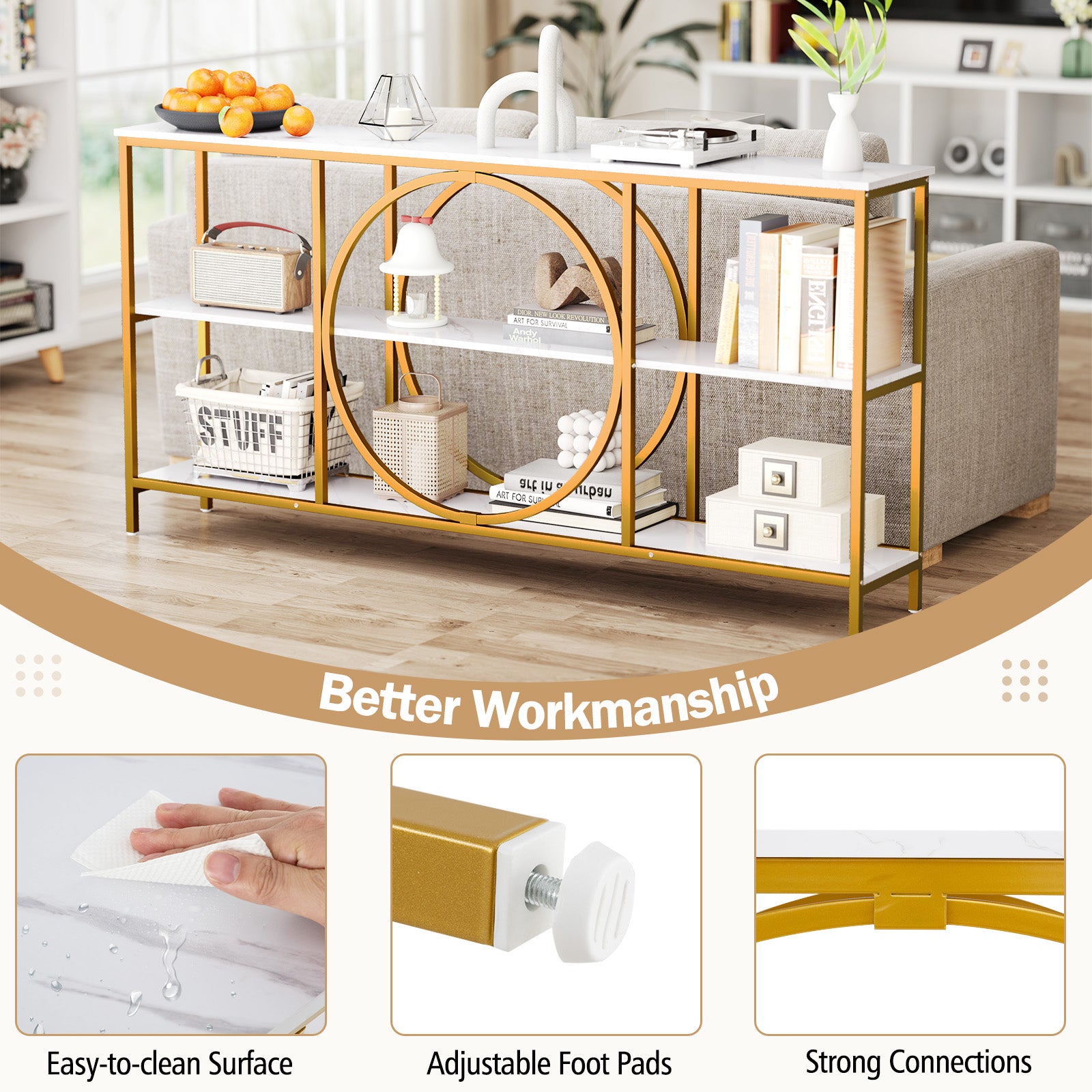 3-Tier Console Table with Faux Marble Top and Storage Shelves for Hallway Living Room, White Console Tables at Gallery Canada