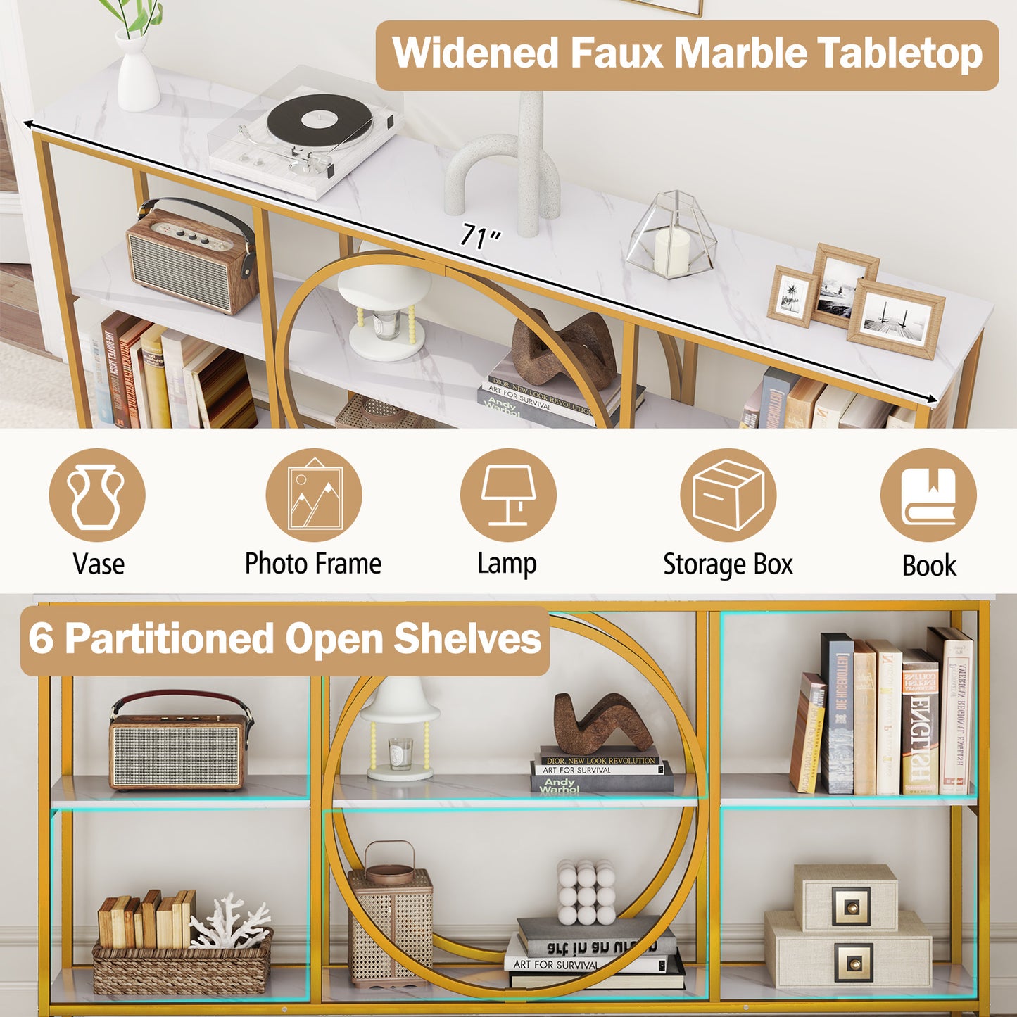 3-Tier Console Table with Faux Marble Top and Storage Shelves for Hallway Living Room, White Console Tables at Gallery Canada