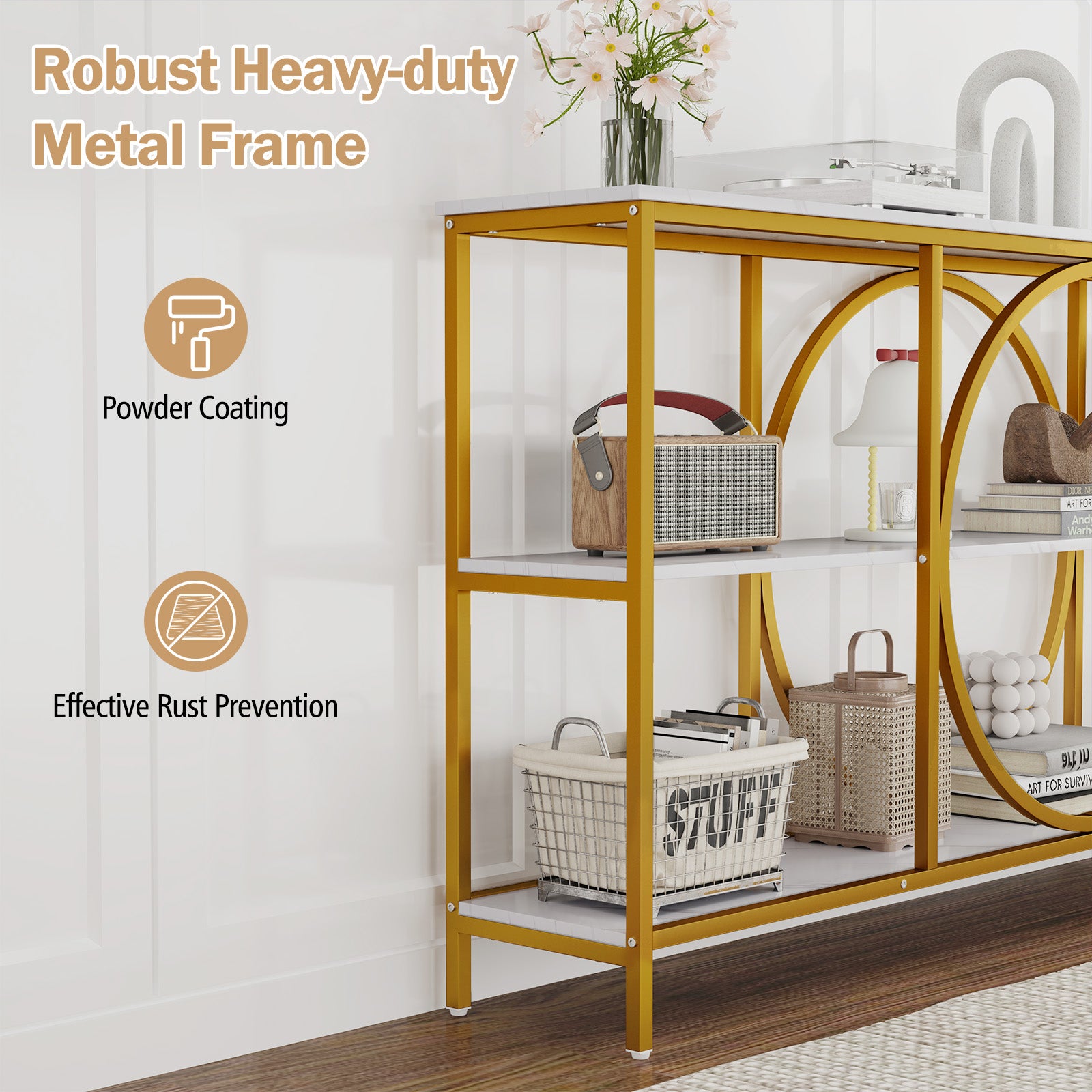 3-Tier Console Table with Faux Marble Top and Storage Shelves for Hallway Living Room, White Console Tables at Gallery Canada