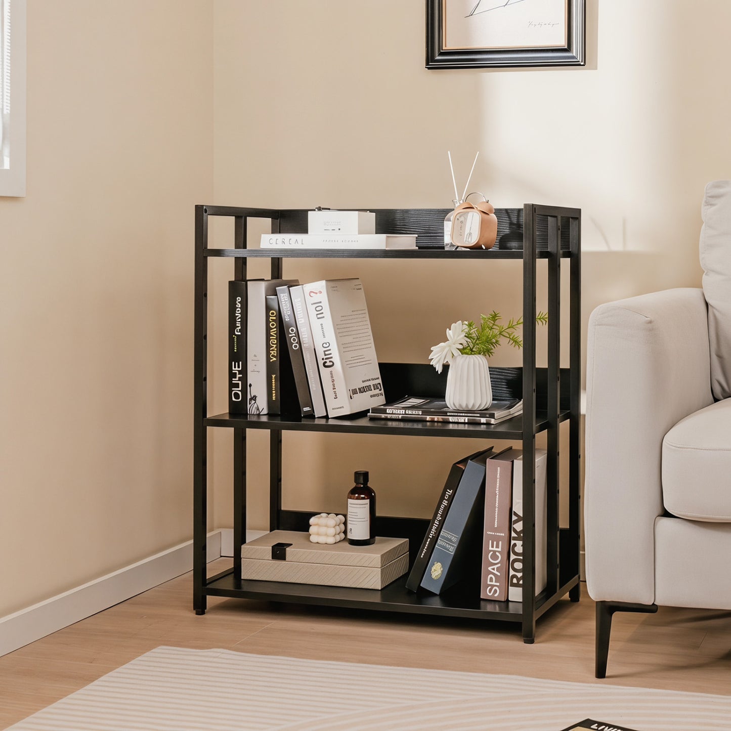 3-Tier Corner Bookshelf, Adjustable Shelves, Black