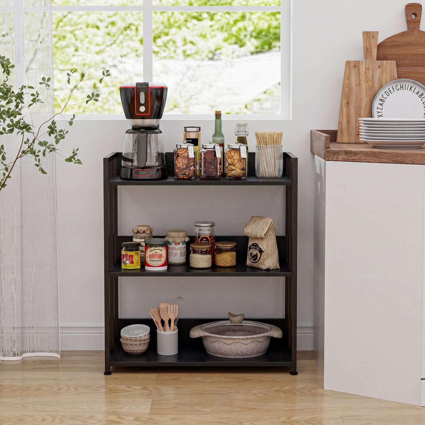 3-Tier Corner Bookshelf, Adjustable Shelves, Black