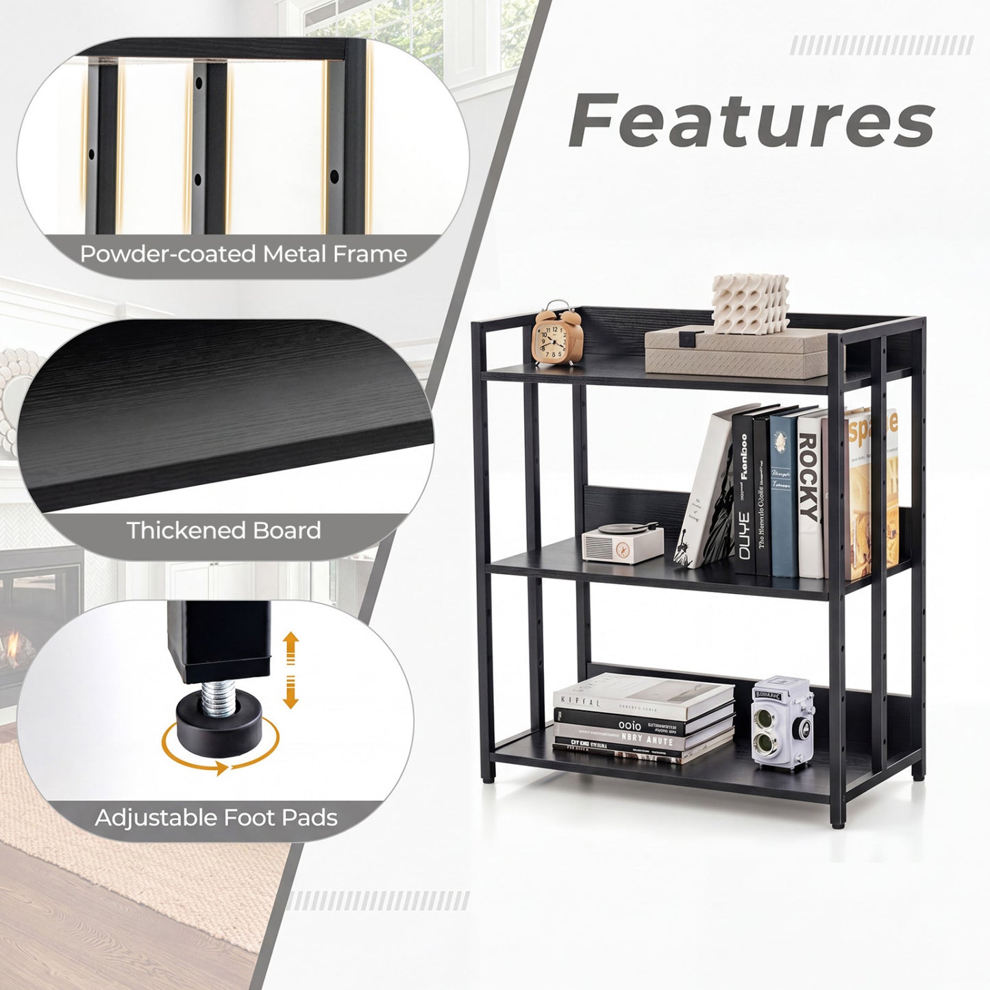 3-Tier Corner Bookshelf, Adjustable Shelves, Black