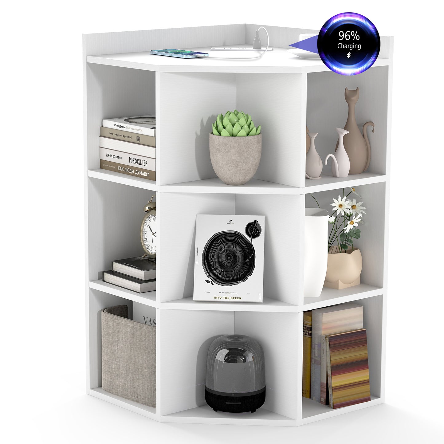 Armoire d'angle 3 niveaux avec station de recharge, blanc