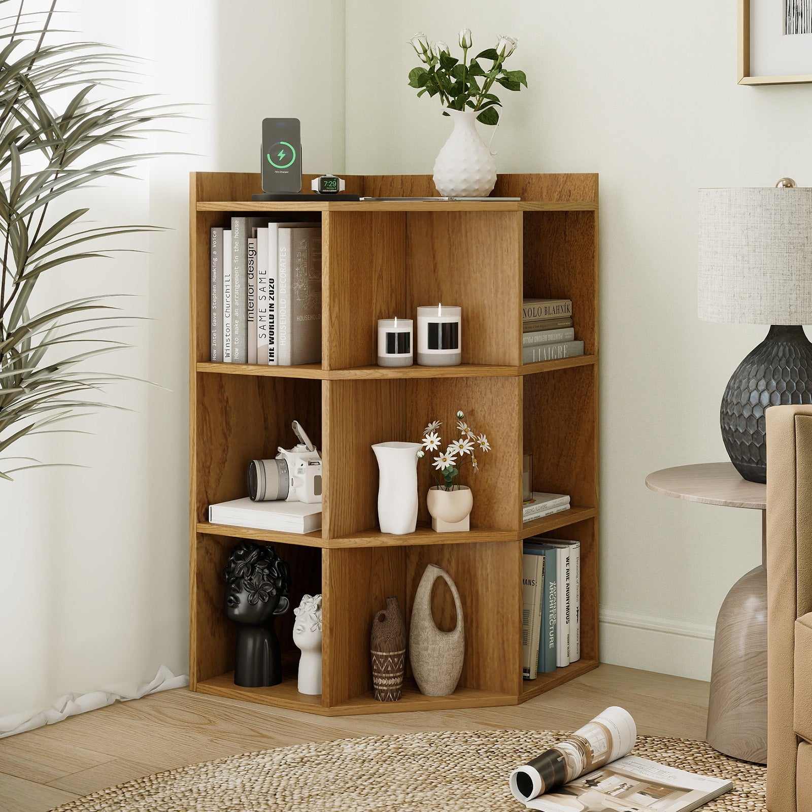 3-Tier Corner Cabinet with Charging Station for Bedroom, Natural Cabinets & Chests at Gallery Canada