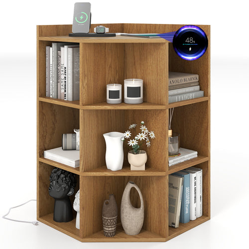 3-Tier Corner Cabinet with Charging Station for Bedroom, Natural