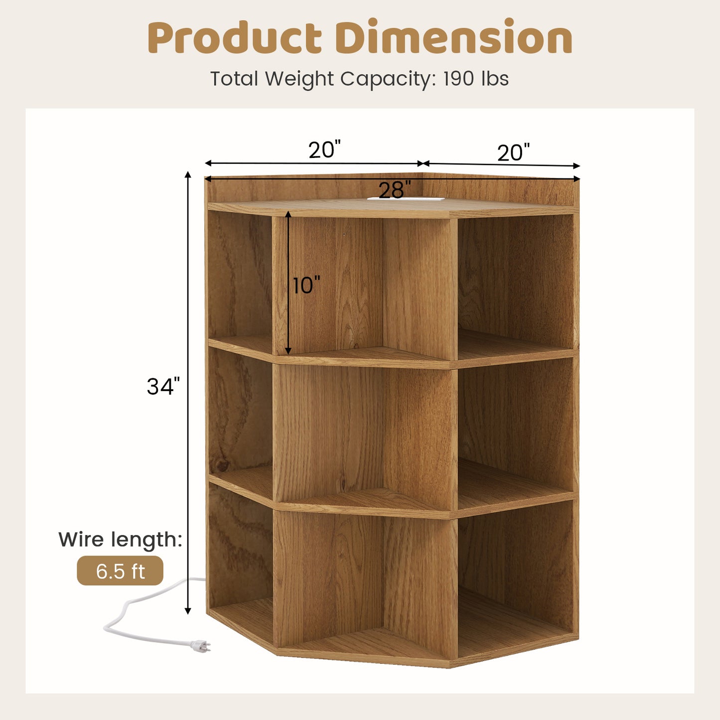 3-Tier Corner Cabinet with Charging Station for Bedroom, Natural Cabinets & Chests at Gallery Canada