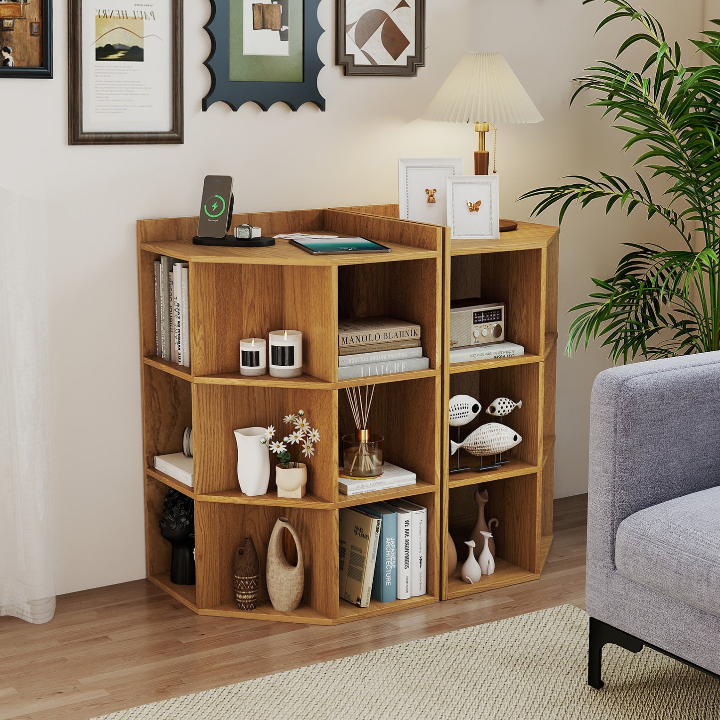 3-Tier Corner Cabinet with Charging Station for Bedroom, Natural Cabinets & Chests at Gallery Canada