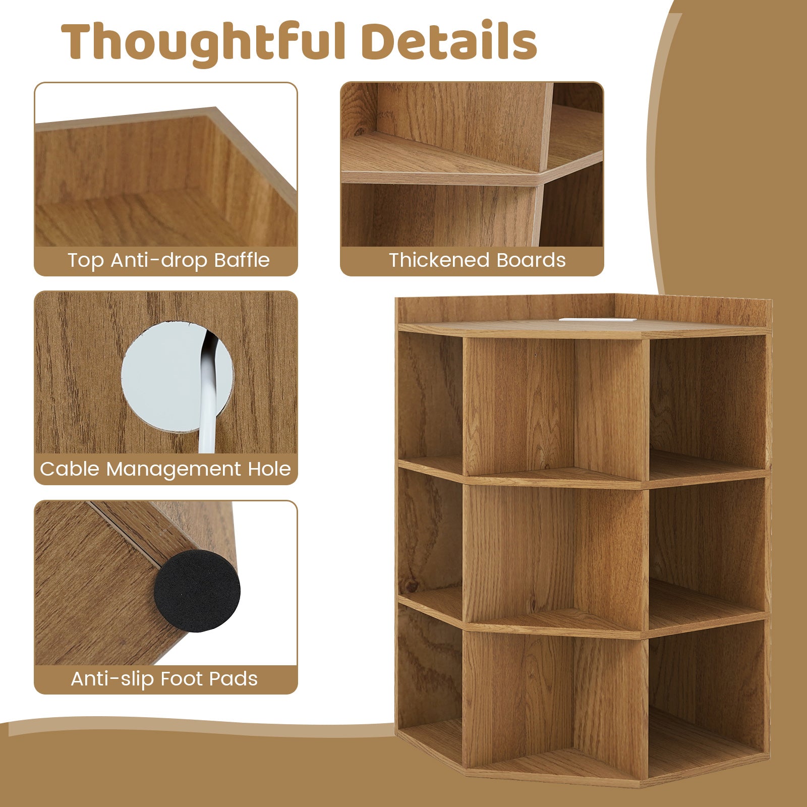 3-Tier Corner Cabinet with Charging Station for Bedroom, Natural Cabinets & Chests at Gallery Canada