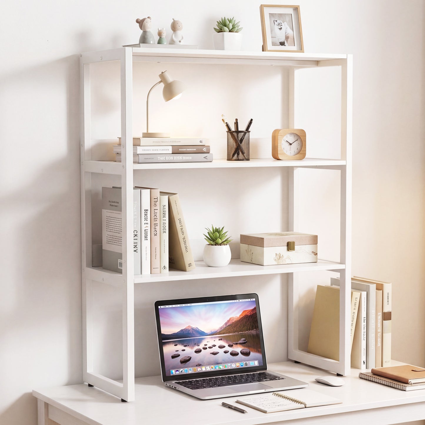 3-Tier Countertop Storage Hutch with Open Shelves, White Bookcases at Gallery Canada