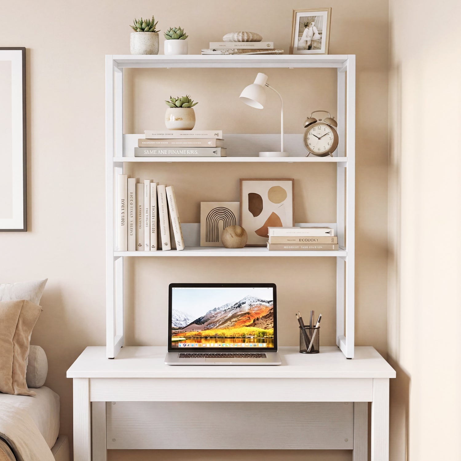 3-Tier Countertop Storage Hutch with Open Shelves, White Bookcases at Gallery Canada