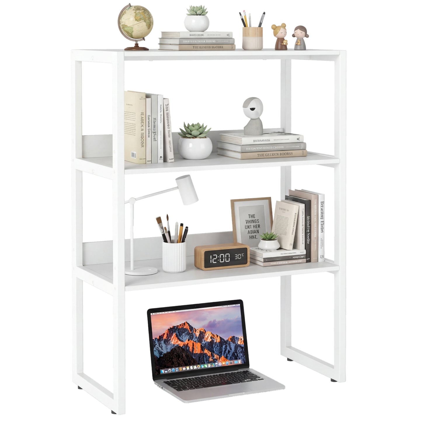 3-Tier Countertop Storage Hutch with Open Shelves, White Bookcases at Gallery Canada