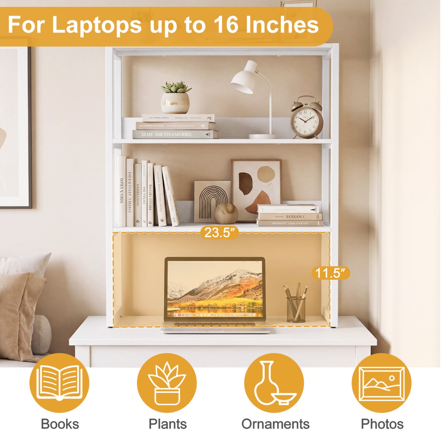 3-Tier Countertop Storage Hutch with Open Shelves, White Bookcases at Gallery Canada